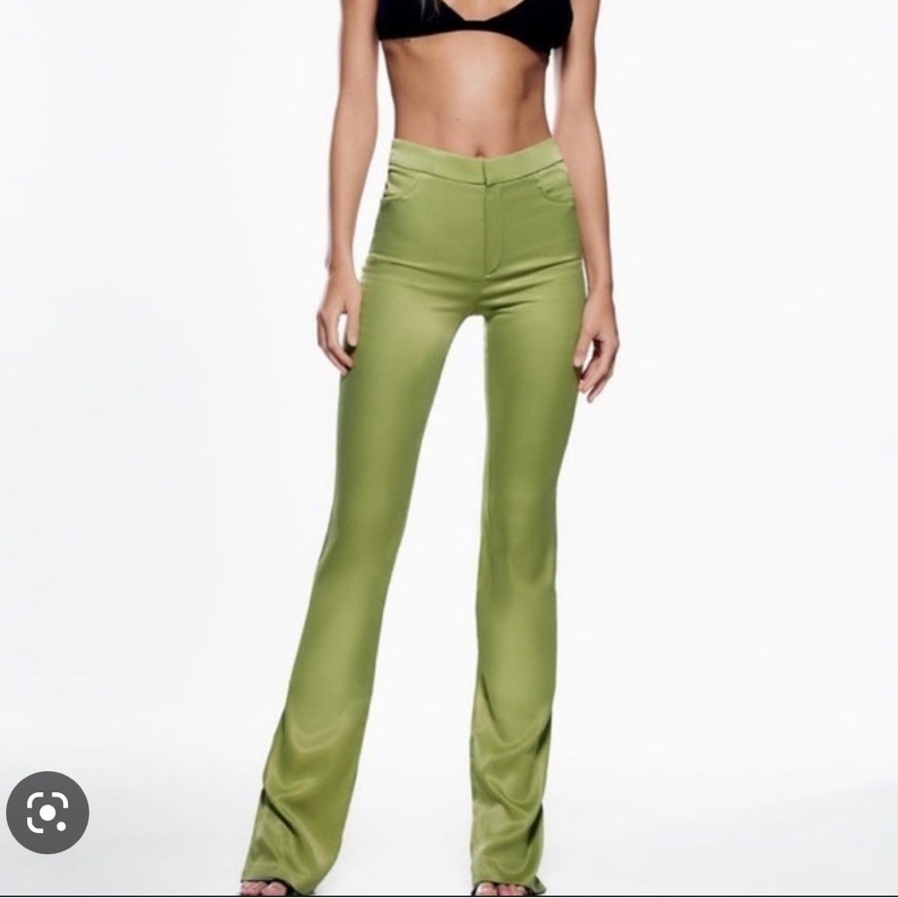 ZARA Satin Effect High Waist Flare Leg Pants in Green